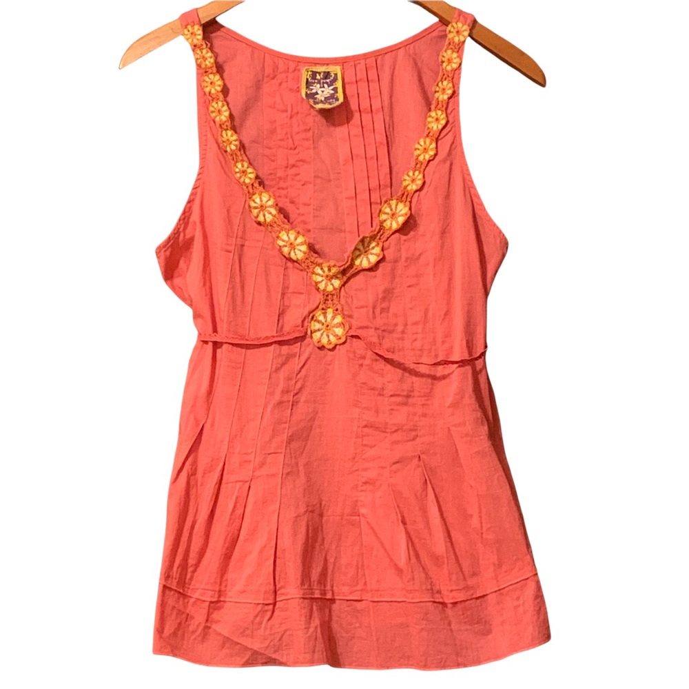 Free People Camisole Tank Top Size 8 Persimmon Red Crochet Flower Accents
